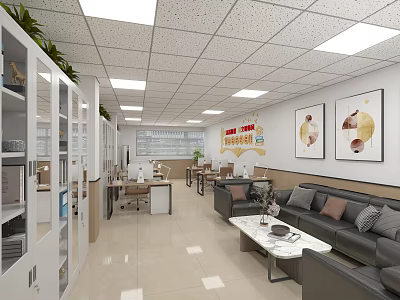 Modern Office Interior Design With Grey Sofa Coffee Table And Decorative Paintings 3d model