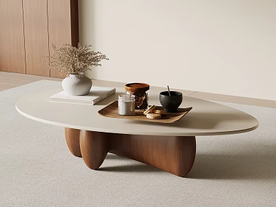 Modern Coffee Table with Light Top and Wooden Legs Featuring Vase Tray Mugs and Decor 3d model