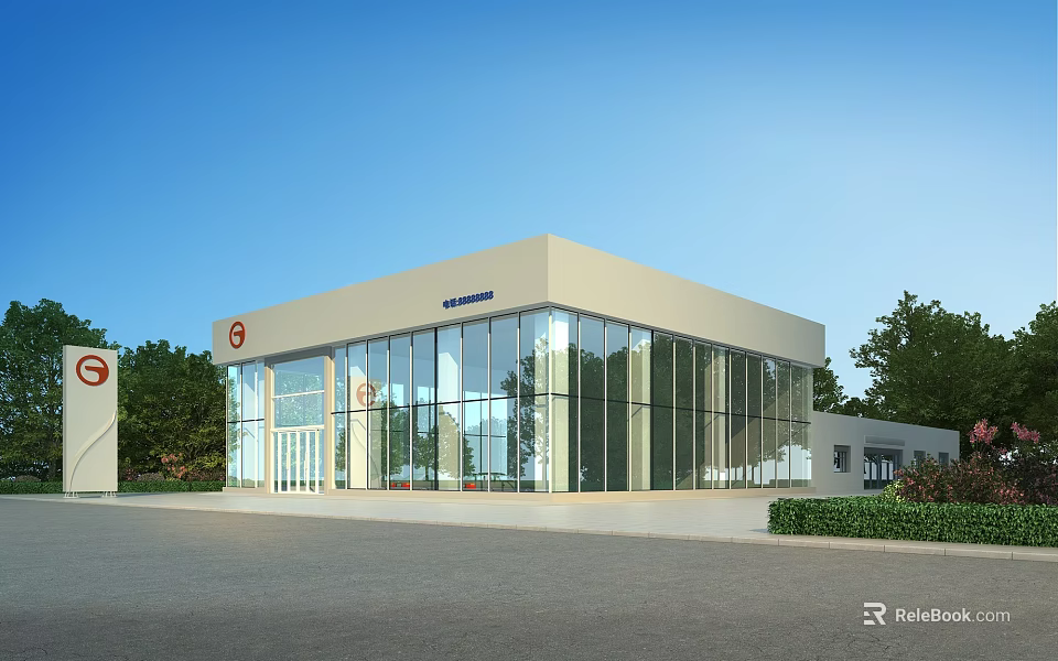 Modern Car Dealership Showroom Exterior With Glass Walls Trees And Parking Area 3d model 