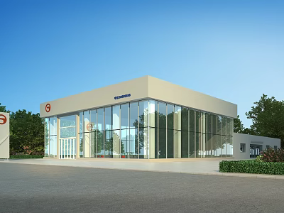 Modern Car Dealership Showroom Exterior With Glass Walls Trees And Parking Area 3d model