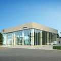 Modern Car Dealership Showroom Exterior With Glass Walls Trees And Parking Area