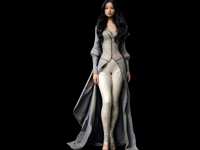 Female Game Movie Character With Flowing Hair Ornate Gray Long Coat And White Tight Outfit 3d model