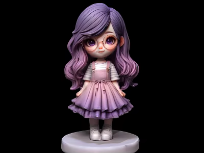 Cute Purple Haired Doll With Glasses Pink Gradient Dress White Shoes And White Base 3d model