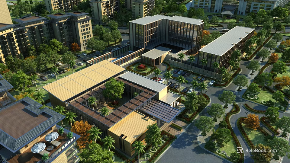 Aerial View Planning of Modern Residential Commercial Buildings With Green Spaces and Road Layout 3d model 