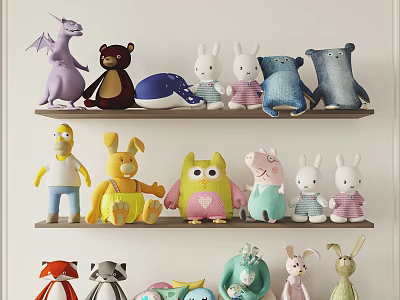 Colorful Plush Dolls Collection With Various Cute Animal Designs On Shelves 3d model