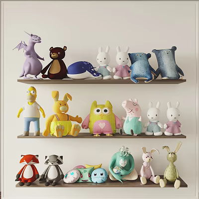 Colorful Plush Dolls Collection With Various Cute Animal Designs On Shelves 3d model