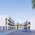Modern School Building With White Facade Yellow Blue Accents Large Windows Green Lawn And Trees