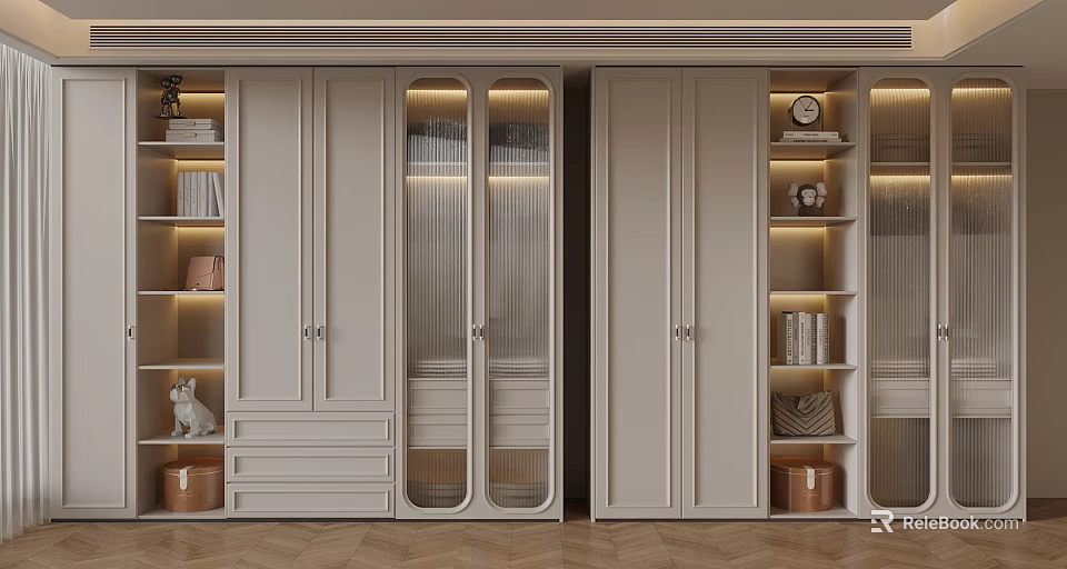 Elegant Modern Cabinetry With Glass Doors And Built In Lighting Shelves Decorative Items 3d model 