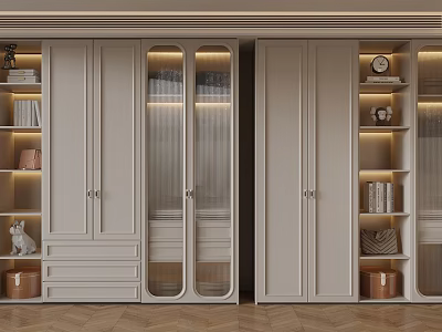 Elegant Modern Cabinetry With Glass Doors And Built In Lighting Shelves Decorative Items 3d model