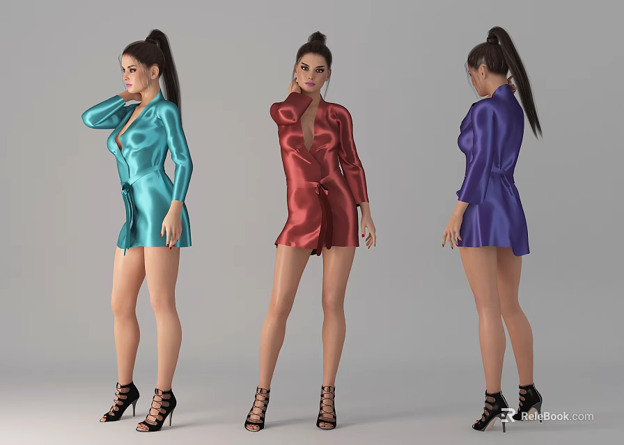 Woman Wearing Colorful Silk Robes with High Heels and Ponytail Front Side Back Views 3d model 