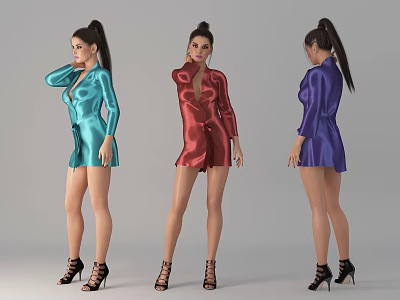 Woman Wearing Colorful Silk Robes with High Heels and Ponytail Front Side Back Views 3d model