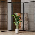 Modern Three Panel Room Divider With Black Metal Frame Grid Design And Indoor Green Plant
