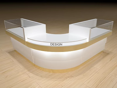 Modern White Curved Display Counter With Glass Panels And Golden Trim Design 3d model