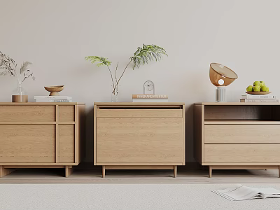 Three Modern Wooden Bedside Tables With Minimalist Decor Plants Books And Lamp 3d model