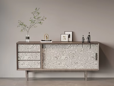 Modern Entryway Console Cabinet With Textured Doors Drawers Decorated Vase Green Plant Picture Frames Sculpture 3d model
