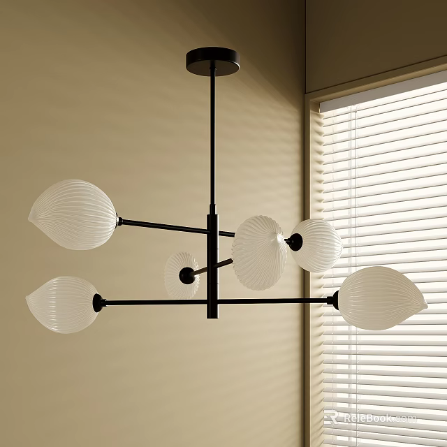 Modern Chandelier With Black Metal Frame And White Lampshades In Room With Window Blinds 3d model 