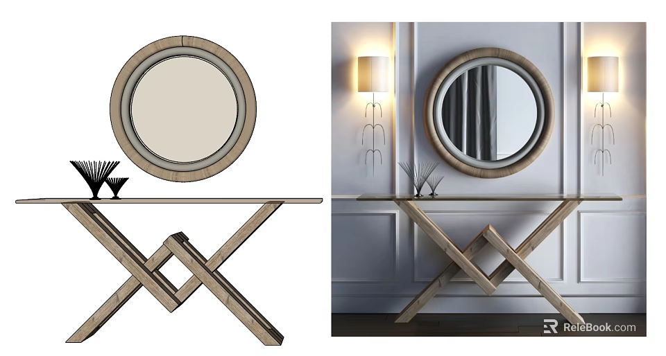 Elegant Console Table With Round Wooden Frame Mirror And Crossed Legs In Interior 3d model 
