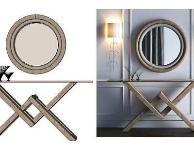 Elegant Console Table With Round Wooden Frame Mirror And Crossed Legs In Interior 3d model