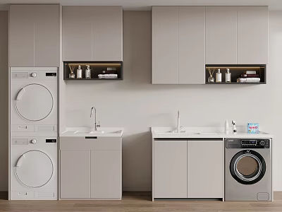 Modern Bathroom Cabinetry With Light Gray Design Washing Machines Sinks And Storage Shelves 3d model