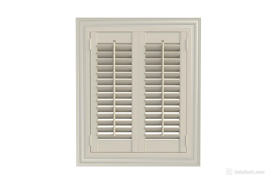 Modern Off White Casement Window With Classic Shutter Design And Frame 3d model 
