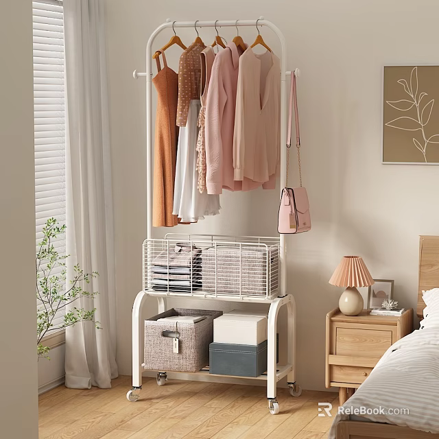 Multifunctional Clothes Rack With Hanging Garments Storage Baskets Boxes In Bedroom With Lamp Nightstand Plant 3d model 