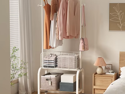Multifunctional Clothes Rack With Hanging Garments Storage Baskets Boxes In Bedroom With Lamp Nightstand Plant 3d model