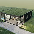 Modern Detached Villa With Black Framed Glass Walls Grass Lawn Patio And Surrounding Trees