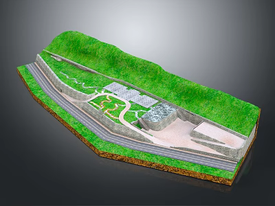 Detailed Terrain 3D Model Featuring Green Vegetation Winding Road and Building Structure 3d model