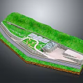 Detailed Terrain 3D Model Featuring Green Vegetation Winding Road and Building Structure 3d model
