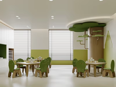 Kindergarten Classroom Interior With Green Chairs Wooden Tables Bright Windows And Decorative Shelves 3d model