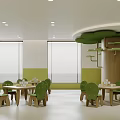 Kindergarten Classroom Interior With Green Chairs Wooden Tables Bright Windows And Decorative Shelves