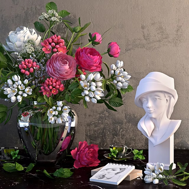 Colorful Floral Arrangement in Glass Vase with Pink Roses White Flowers and White Sculpture 3d model 