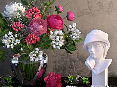 Colorful Floral Arrangement in Glass Vase with Pink Roses White Flowers and White Sculpture 3d model