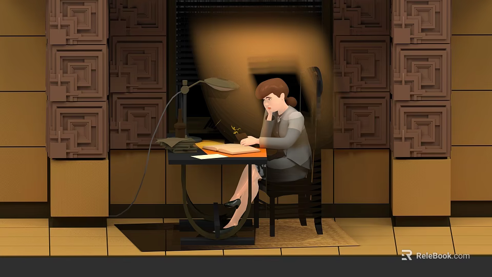 Focused Female Game and Movie Character Working at Desk With Table Lamp and Patterned Walls 3d model 