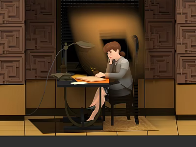 Focused Female Game and Movie Character Working at Desk With Table Lamp and Patterned Walls 3d model