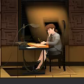 Focused Female Game and Movie Character Working at Desk With Table Lamp and Patterned Walls