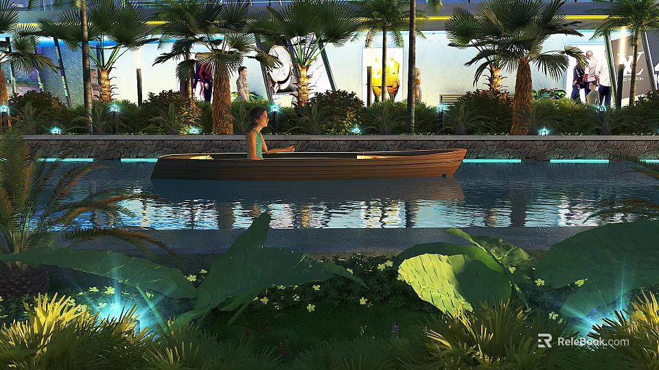 Scenic Calm Water Landscape With Person In Wooden Boat And Illuminated Palm Trees 3d model 