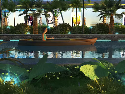 Scenic Calm Water Landscape With Person In Wooden Boat And Illuminated Palm Trees 3d model