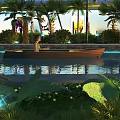 Scenic Calm Water Landscape With Person In Wooden Boat And Illuminated Palm Trees