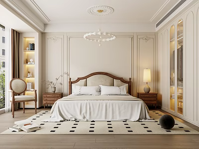 Elegant Bedroom Interior With Wooden Headboard White Bedding Chandelier And Decorative Wall Panels 3d model