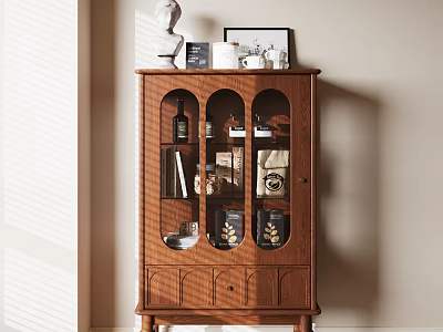Wooden Entryway Cabinet Sideboard With Arched Glass Doors And Decorative Top Items 3d model
