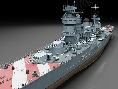 Detailed Large Battleship Model With Gray Hull And Red White Deck Stripes 3d model