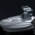 Modern Car Showroom Featuring Central Illuminated Cylinder White Display Podiums Black Floor White Circles People