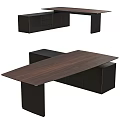 Modern Office Desk With Dark Wooden Top And Black Storage Cabinets