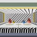 Artistic Playground Featuring Black White Striped Walls Floors Colorful Cones Yellow Bordered Windows Circular Decorations