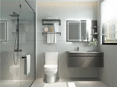 Modern Bathroom Vanity With Wall Mounted Cabinet Mirror And Potted Plant 3d model