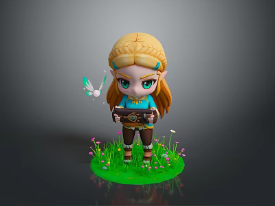 Cute Blonde Braided Character Holding Device with White Butterfly on Green Grass with Small Flowers 3d model