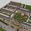 Red Brick School Building With Multi Story Structure Arched Entrance And Green Lawn