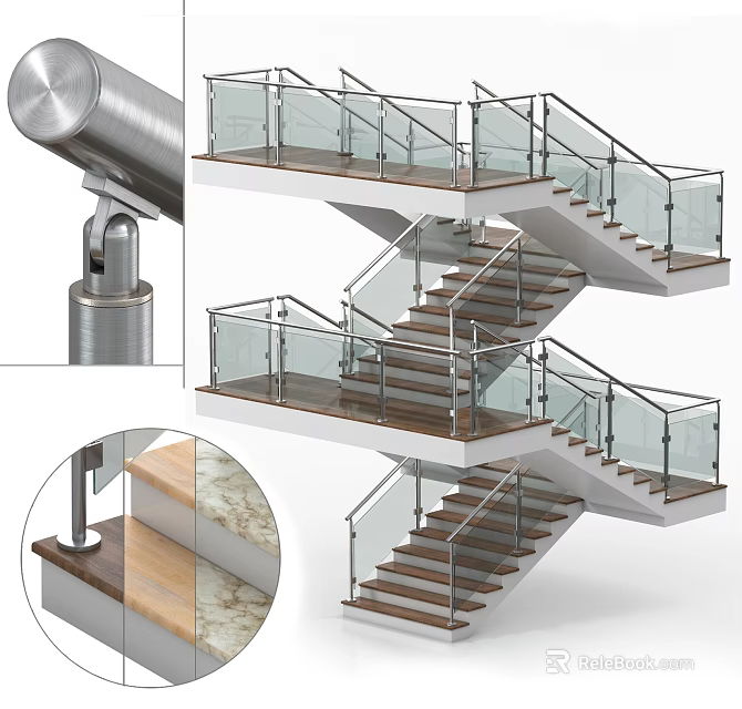Modern Stairs Design With Glass Railings Metal Structure And Wooden Steps 3d model 