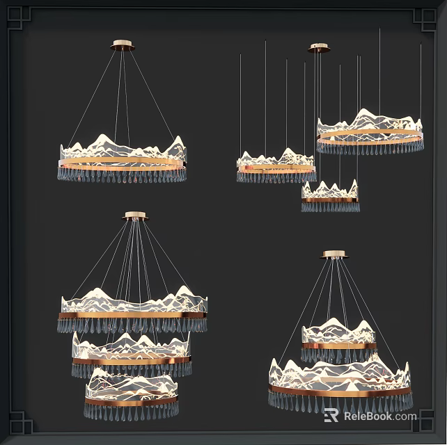 Multiple Modern Snowy Mountain Pattern Chandeliers With Tassel Decorations Hanging In 3d model 